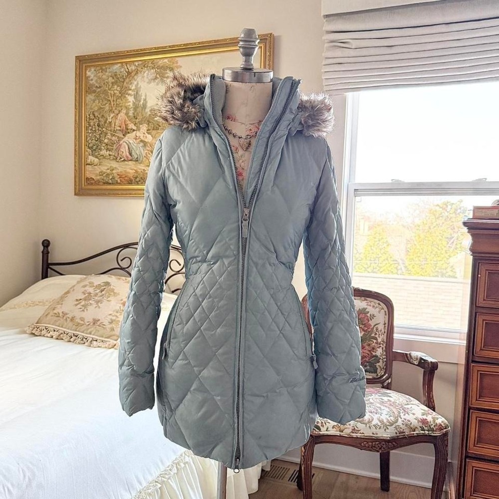 blueโ fur hood coat Eddie Bauer quilted jacket petite small